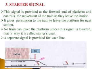 This signal is provided at the forward end of platform and
controls the movement of the train as they leave the station.
It gives permission to the train to leave the platform for next
station.
No train can leave the platform unless this signal is lowered,
that is why it is called starter signal.
A separate signal is provided for each line.
SS
GRK, Asst. Professor, SPEC
 