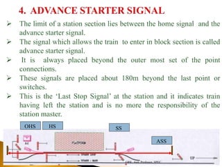  The limit of a station section lies between the home signal and the
advance starter signal.
 The signal which allows the train to enter in block section is called
advance starter signal.
 It is always placed beyond the outer most set of the point
connections.
 These signals are placed about 180m beyond the last point or
switches.
 This is the ‘Last Stop Signal’ at the station and it indicates train
having left the station and is no more the responsibility of the
station master.
ASS
SSHSOHS
GRK, Asst. Professor, SPEC
 