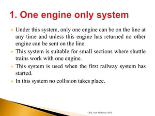  Under this system, only one engine can be on the line at
any time and unless this engine has returned no other
engine can be sent on the line.
 This system is suitable for small sections where shuttle
trains work with one engine.
 This system is used when the first railway system has
started.
 In this system no collision takes place.
GRK, Asst. Professor, SPEC
 