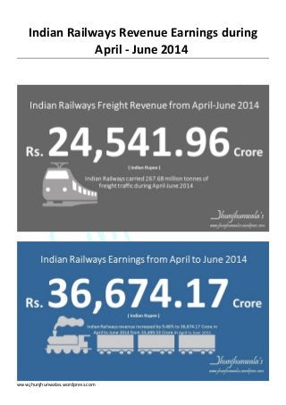 Indian Railways Revenue Earnings during
April - June 2014
www.jhunjhunwalas.wordpress.com
 
