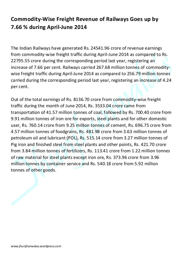 Indian Railway Revenue Earnings for April to June 2014