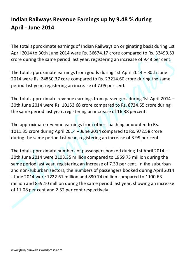 Indian Railway Revenue Earnings for April to June 2014