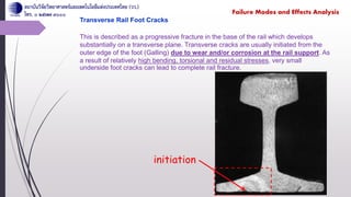 Transverse Rail Foot Cracks
This is described as a progressive fracture in the base of the rail which develops
substantially on a transverse plane. Transverse cracks are usually initiated from the
outer edge of the foot (Galling) due to wear and/or corrosion at the rail support. As
a result of relatively high bending, torsional and residual stresses, very small
underside foot cracks can lead to complete rail fracture.
initiation
Failure Modes and Effects Analysis
 