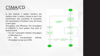In this method, a station monitors the
medium after it sends a frame to see if the
transmission was successful. If successful,
the transmission is finished, if not, the frame
is sent again.
Throughput and Efficiency: The throughput
of CSMA/CD is much greater than pure or
slotted ALOHA.
• For the 1-persistent method, throughput
is 50% when G=1.
• For the non-persistent method,
throughput can go up to 90%.
CSMA/CD
 