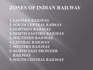 ZONES OF INDIAN RAILWAY
1. EASTERN RAILWAY
2. SOUTH CENTRAL RAIWAY
3. NORTHEN RAILWAY
4. NORTH EASTERN RAILWAY
5. SOUTHERN RAILWAY
6. CENTRAL RAILWAY
7. WESTERN RAILWAY
8. NORTH EAST FRONTIER
RAILWAY
9. SOUTH CENTRAL RAILWAY
 