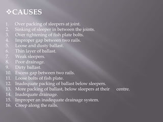 CAUSES
1. Over packing of sleepers at joint.
2. Sinking of sleeper in between the joints.
3. Over tightening of fish plate bolts.
4. Improper gap between two rails.
5. Loose and dusty ballast.
6. Thin layer of ballast.
7. Weak sleepers.
8. Poor drainage.
9. Dirty ballast.
10. Excess gap between two rails.
11. Loose bolts of fish plate.
12. Inadequate packing of ballast below sleepers.
13. More packing of ballast, below sleepers at their centre.
14. Inadequate drainage.
15. Improper an inadequate drainage system.
16. Creep along the rails.
 