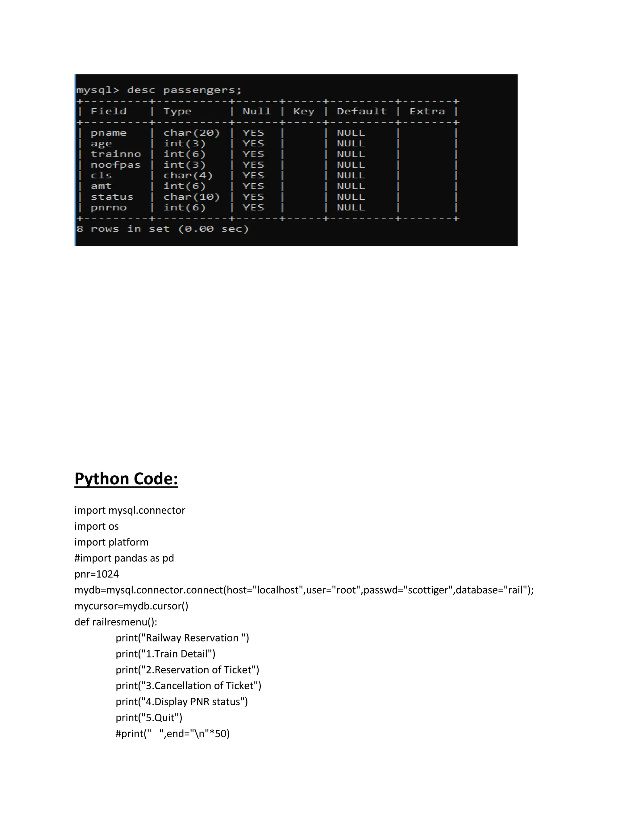 railway_PROJECT.doc on python my SQL connectivity | PDF