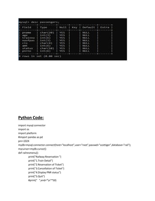 railway_PROJECT.doc on python my SQL connectivity | PDF