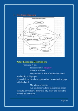 Page 17
 Use Case Diagram
Actor Response Description:
Use case #: 001
Process Name- Enquiry
Actor- Customer
Description- A link of enquiry or check
availability is displayed.
If you click on the above option then the equivalent page
will displayed.
Main flow of events-
AA: Customer submit information about
the date, arrival city, departure city, train and check the
availability of tickets.
 