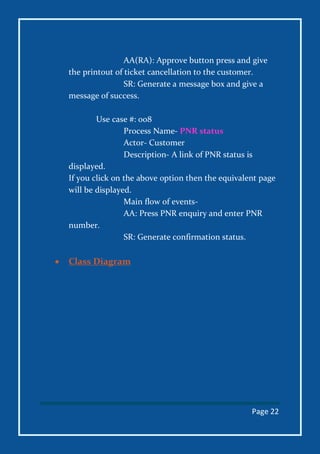 Page 22
AA(RA): Approve button press and give
the printout of ticket cancellation to the customer.
SR: Generate a message box and give a
message of success.
Use case #: 008
Process Name- PNR status
Actor- Customer
Description- A link of PNR status is
displayed.
If you click on the above option then the equivalent page
will be displayed.
Main flow of events-
AA: Press PNR enquiry and enter PNR
number.
SR: Generate confirmation status.
 Class Diagram
 