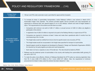 For updated information, please visit www.ibef.orgRailways29
POLICY AND REGULATORY FRAMEWORK … (1/4)
Source: Times of India, Ministry of Railways, Aranca Research
 To increase its share in automobiles transportation, Indian Railways notified a new scheme in March 2013,
Automobile Freight Train Operator. The scheme provides logistic service providers and road transporters an
opportunity to introduce their own special wagons to run on the railways’ network and avail of freight rebates in
return. The requirements for the scheme are laid down as under:
• Companies with minimum net worth of US$ 3.7 million or annual turnover of US$ 5.5 million are eligible to
participate in this scheme
• A registration fee of US$ 0.9 million is required to be paid to the Railway Ministry on approval as AFTOs
• Companies are required to introduce at least 3 rakes and make them operational within 6 months from the
commissioning of the 1st rake
• The freight rates would be notified from time to time for specific stock to be moved by AFTOs
• The freight rebate would be incorporated in the freight rates specified for transport of automobiles
• Special wagons would be designed and developed by Research, Design and Standards Organisation (RDSO)
for induction by 3rd party logistics providers and road transporters
• Each rake is to have a capacity to carry 318 small cars. The rake should be tested by RDSO
 Railways was the preferred carrier of automobiles in the country with loading from automobiles traffic growing 16
per cent in 2017-18
 To make the policy more effective, Ministry of Railways liberalised the AFTO policy by reducing registration fees
from Rs 5 crore (US$ 0.78 million) to Rs 3 crore (US$ 0.47 million). Also, the requirement of minimum
procurement of at least 3 rakes under the scheme has been relaxed to 1 rake.
Automobile Freight
Train Operator Scheme
2013
 100 per cent FDI under automatic route is permitted for approved list of projects
Foreign Direct
Investment
 