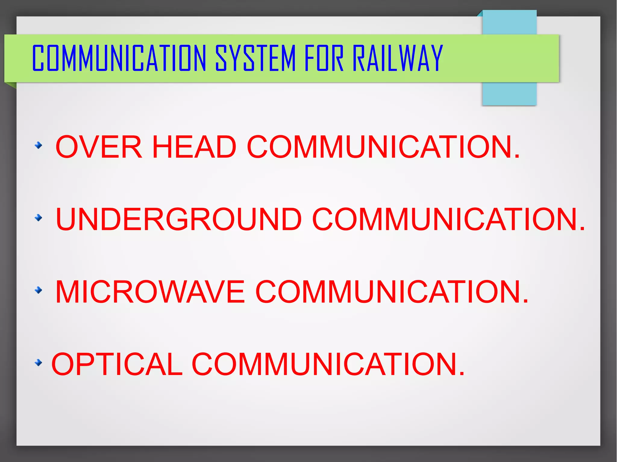 COMMUNICATION SYSTEM FOR RAILWAY
OVER HEAD COMMUNICATION.
UNDERGROUND COMMUNICATION.
MICROWAVE COMMUNICATION.
OPTICAL COMMUNICATION.
 