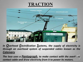 TRACTION




In Overhead Electrification Systems, the supply of electricity is
through an overhead system of suspended cables known as the
Catenary
The loco uses a Pantograph, to make contact with the overhead
contact cable and draw electricity from it to power its motors.
 