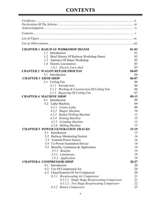 v
CONTENTS
Certificate…………………………………………………………………………………………. ii
Declaration Of The Scholar……………………………………………………………………... iii
Acknowledgment………………………………………………………………………………….. iv
Contents……………………………………………………………………………………………. v
List of Figure…………………………………………………………………………………….… vii
List of Abbreviations……………………………………………………………………………... viii
CHAPTER 1 RAILWAY WORKSHOP JHANSI 01-03
1.1 Introduction 01
1.2 Brief History Of Railway Workshop Jhansi 02
1.3 Statistics Of Jhansi Workshop 03
1.4 Electric Locomotive 03
1.4.1 Electric Loco shed 03
CHAPTER 2 WAGON REPAIR PROCESS 04-05
2.1 Introduction 04
CHAPTER 3 ERTR SHOP 06-07
3.1 Ceiling Fan 06
3.1.1 Introduction 06
3.1.2 Working & Construction Of Ceiling Fan 06
3.1.3 Repairing Of Ceiling Fan 07
CHAPTER 4 MACHINE SHOP 09-13
4.1 Introduction 09
4.2 Lathe Machine 09
4.2.1 Centre Lathe 09
4.2.2 Shaper Machine 10
4.2.3 Radial Drilling Machine 11
4.2.4 Slotting Machine 12
4.2.5 Grinding Machine 13
4.2.6 Milling Machine 13
CHAPTER 5 POWER GENERATION TRACKS 15-19
5.1 Introduction 15
5.2 Railway Monitoring System 16
5.3 External Power Source 16
5.4 Co-Power Generation Device 18
5.5 Benefits, Limitation & Application 19
5.5.1 Benefits 19
5.5.2 Limitations 19
5.5.3 Application 19
CHAPTER 6 COMPRESSOR SHOP 20-27
6.1 Introduction 20
6.2 Use Of Compressed Air 20
6.3 Classifications Of Air Compressor 20
6.3.1 Reciprocating Air Compressor 21
6.3.1.1 Single Stage Reciprocating Compressor 21
6.3.1.2 Two Stage Reciprocating Compressor 22
6.3.2 Rotary Compressor 23
 