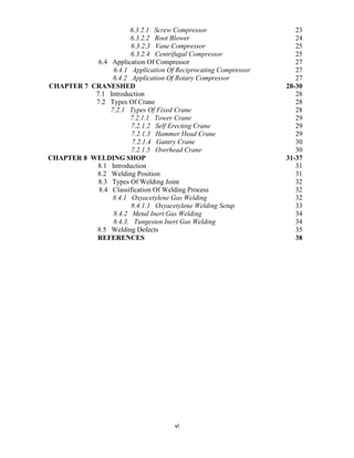 vi
6.3.2.1 Screw Compressor 23
6.3.2.2 Root Blower 24
6.3.2.3 Vane Compressor 25
6.3.2.4 Centrifugal Compressor 25
6.4 Application Of Compressor 27
6.4.1 Application Of Reciprocating Compressor 27
6.4.2 Application Of Rotary Compressor 27
CHAPTER 7 CRANESHED 28-30
7.1 Introduction 28
7.2 Types Of Crane 28
7.2.1 Types Of Fixed Crane 28
7.2.1.1 Tower Crane 29
7.2.1.2 Self Erecting Crane 29
7.2.1.3 Hammer Head Crane 29
7.2.1.4 Gantry Crane 30
7.2.1.5 Overhead Crane 30
CHAPTER 8 WELDING SHOP 31-37
8.1 Introduction 31
8.2 Welding Position 31
8.3 Types Of Welding Joint 32
8.4 Classification Of Welding Process 32
8.4.1 Oxyacetylene Gas Welding 32
8.4.1.1 Oxyacetylene Welding Setup 33
8.4.2 Metal Inert Gas Welding 34
8.4.3. Tungesten Inert Gas Welding 34
8.5 Welding Defects 35
REFERENCES 38
 