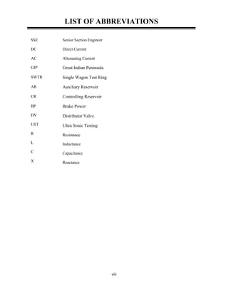 viii
LIST OF ABBREVIATIONS
SSE Senior Section Engineer
DC Direct Current
AC Alternating Current
GIP Great Indian Peninsula
SWTR Single Wagon Test Ring
AR Auxiliary Reservoir
CR Controlling Reservoir
BP
DV
UST
R
L
C
X
Brake Power
Distributor Valve
Ultra Sonic Testing
Resistance
Inductance
Capacitance
Reactance
 
