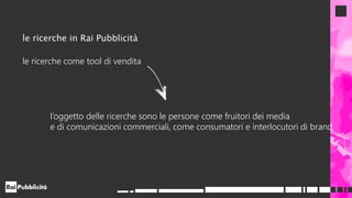 l’oggetto delle ricerche sono le persone come fruitori dei media
e di comunicazioni commerciali, come consumatori e interlocutori di brand
le ricerche in Rai Pubblicità
le ricerche come tool di vendita
 