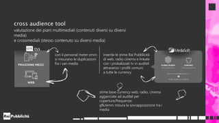 cross audience tool
valutazione dei piani multimediali (contenuti diversi su diversi
media)
e crossmediali (stesso contenuto su diversi media)
stime base currency web, radio, cinema
agganciate ad auditel per
coperture/frequenze
gfk/emm misura la sovrapposizione tra i
media
tss
p con il personal meter emm
si misurano le duplicazioni
fra i vari media
inserite le stime Rai Pubblicità
di web, radio cinema e linkate
con i probalizzati tv in auditel
attraverso i profili comuni
a tutte le currency
 