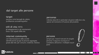 dal target alle persone
target
persone come bersagli da colpire,
profilazione sociodemografica
stili di vita (1970)
gli atteggiamenti e gli orientamenti
verso i vari aspetti della vita
internet community
con l’atomizzazione della società
identificazione gruppi di persone aggregate,
grazie alla rete, per consumi, credenze, interessi
personas
individui descritti in particolari situazioni della loro vita,
specie nel momento di fruizione del prodotto
persone
sempre più i brand ricercano le singole
persone, li seguono ovunque e li
contattano attraverso i molteplici touch
point
 