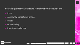 focus
community panel/forum on line
conme
biomarketing
il sentiment della rete
ricerche qualitative analizzare le motivazioni delle persone
 