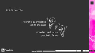tipi di ricerche
ricerche quantitative
chi fa che cosa
ricerche qualitative
perché lo fanno
 