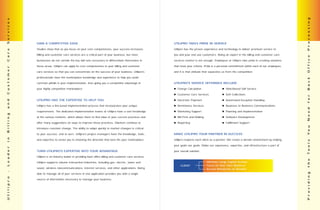 P r o c e s s i n g
S e r v i c e s




                  GAIN A COMPETITIVE EDGE                                                                       UTILIPRO TAKES PRIDE IN SERVICE

                  Studies show that as you focus on your core competencies, your success increases.             Utilipro has the proven experience and technology to deliver premium service to
C a r e




                  Billing and customer care services are a critical part of your business, but most             you and your end use customers. Being an expert in the billing and customer care




                                                                                                                                                                                                        O f f i c e
                  businesses do not contain the key skill sets necessary to differentiate themselves in         services market is not enough. Employees at Utilipro take pride in creating solutions

                  these areas. Utilipro can apply its core competencies to your billing and customer            that meet your criteria. Pride is a personal commitment within each of our employees,
C u s t o m e r




                  care services so that you can concentrate on the success of your business. Utilipro's         and it is that attitude that separates us from the competition.

                  professionals have the marketplace knowledge and experience to help you avoid




                                                                                                                                                                                                        B a c k
                  common pitfalls in your implementation, thus giving you a competitive advantage in            UTILIPRO'S SERVICE OFFERINGS INCLUDE:

                  your highly competitive marketplace.                                                             Charge Calculation                     Web-Based Self Service

                                                                                                                   Customer Care Services                 Soft Collections




                                                                                                                                                                                                        f o r
                  UTILIPRO HAS THE EXPERTISE TO HELP YOU
a n d




                                                                                                                   Electronic Payment                     Automated Exception Handling

                  Utilipro has a fine-tuned implementation process that incorporates your unique                   Remittance Services                    Business to Business Communications




                                                                                                                                                                                                        N e e d
                  requirements. The dedicated implementation teams at Utilipro have a vast knowledge               Marketing Support                      Planning and Implementation
B i l l i n g




                  of the various markets, which allows them to find value in your current practices and            Bill Print and Mailing                 Software Development

                  offer many suggestions on ways to improve those practices. Markets continue to                   Reporting                              Fulfillment Support




                                                                                                                                                                                                        Yo u
                  introduce constant change. The ability to adapt quickly to market changes is critical

                  to your success, and to ours. Utilipro's project managers have the knowledge, tools,          MAKE UTILIPRO YOUR PARTNER IN SUCCESS
i n




                  and expertise to assist you in choosing the direction that best fits your marketplace.        Utilipro respects each client as a partner. We create a win-win environment by making




                                                                                                                                                                                                        T o o l s
                                                                                                                your goals our goals. Make our experience, expertise, and infrastructure a part of
L e a d e r




                  TURN UTILIPRO'S EXPERTISE INTO YOUR ADVANTAGE                                                 your overall solution.

                  Utilipro is an industry leader in providing back office billing and customer care services.




                                                                                                                                                                                                        t h e
                  Utilipro supports volume transaction industries, including gas, electric, water and                                       Minimize Large Capital Outlays
                                                                                                                     CLIENT                 Focus on Your Core Business
                  sewer, wireless telecommunications, internet services, and other applications. Being                                      Access Resources as Needed
-




                                                                                                                                                                                                        P r o v i d i n g
                  able to manage all of your services in one application provides you with a single
U t i l i p r o




                  source of information necessary to manage your business.
 