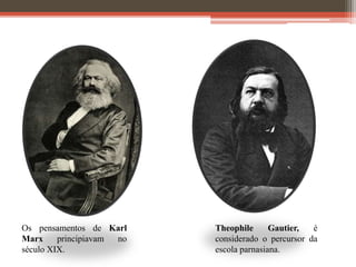 Os pensamentos de Karl
Marx principiavam no
século XIX.
Theophile Gautier, é
considerado o percursor da
escola parnasiana.
 