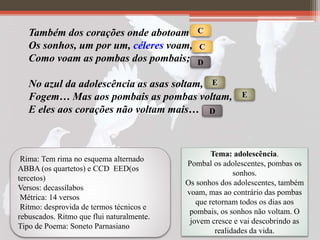 Também dos corações onde abotoam
Os sonhos, um por um, céleres voam,
Como voam as pombas dos pombais;
No azul da adolescência as asas soltam,
Fogem… Mas aos pombais as pombas voltam,
E eles aos corações não voltam mais…
C
C
E
E
D
D
Rima: Tem rima no esquema alternado
ABBA (os quartetos) e CCD EED(os
tercetos)
Versos: decassílabos
Métrica: 14 versos
Ritmo: desprovida de termos técnicos e
rebuscados. Ritmo que flui naturalmente.
Tipo de Poema: Soneto Parnasiano
Tema: adolescência.
Pombal os adolescentes, pombas os
sonhos.
Os sonhos dos adolescentes, também
voam, mas ao contrário das pombas
que retornam todos os dias aos
pombais, os sonhos não voltam. O
jovem cresce e vai descobrindo as
realidades da vida.
 