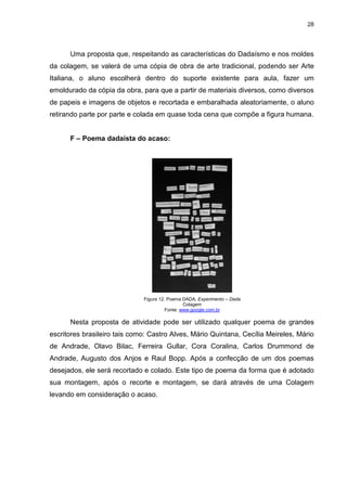 28




      Uma proposta que, respeitando as características do Dadaísmo e nos moldes
da colagem, se valerá de uma cópia de obra de arte tradicional, podendo ser Arte
Italiana, o aluno escolherá dentro do suporte existente para aula, fazer um
emoldurado da cópia da obra, para que a partir de materiais diversos, como diversos
de papeis e imagens de objetos e recortada e embaralhada aleatoriamente, o aluno
retirando parte por parte e colada em quase toda cena que compõe a figura humana.


      F – Poema dadaísta do acaso:




                              Figura 12. Poema DADA, Experimento – Dada
                                                Colagem
                                        Fonte: www.google.com.br

      Nesta proposta de atividade pode ser utilizado qualquer poema de grandes
escritores brasileiro tais como: Castro Alves, Mário Quintana, Cecília Meireles, Mário
de Andrade, Olavo Bilac, Ferreira Gullar, Cora Coralina, Carlos Drummond de
Andrade, Augusto dos Anjos e Raul Bopp. Após a confecção de um dos poemas
desejados, ele será recortado e colado. Este tipo de poema da forma que é adotado
sua montagem, após o recorte e montagem, se dará através de uma Colagem
levando em consideração o acaso.
 