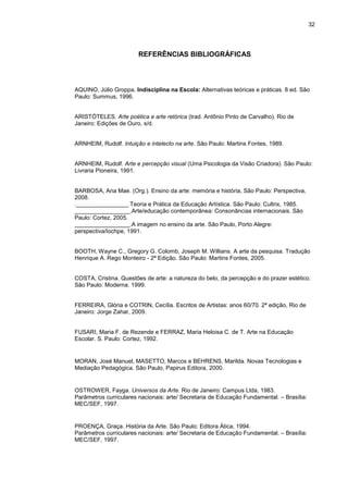 32




                        REFERÊNCIAS BIBLIOGRÁFICAS




AQUINO, Júlio Groppa. Indisciplina na Escola: Alternativas teóricas e práticas. 8 ed. São
Paulo: Summus, 1996.


ARISTÓTELES. Arte poética e arte retórica (trad. Antônio Pinto de Carvalho). Rio de
Janeiro: Edições de Ouro, s/d.


ARNHEIM, Rudolf. Intuição e intelecto na arte. São Paulo: Martins Fontes, 1989.


ARNHEIM, Rudolf. Arte e percepção visual (Uma Psicologia da Visão Criadora). São Paulo:
Livraria Pioneira, 1991.


BARBOSA, Ana Mae. (Org.). Ensino da arte: memória e história, São Paulo: Perspectiva,
2008.
.________________.Teoria e Prática da Educação Artística. São Paulo: Cultrix, 1985.
_________________.Arte/educação contemporânea: Consonâncias internacionais. São
Paulo: Cortez, 2005.
_________________.A imagem no ensino da arte. São Paulo, Porto Alegre:
perspectiva/Iochpe, 1991.


BOOTH, Wayne C., Gregory G. Colomb, Joseph M. Willians. A arte da pesquisa. Tradução
Henrique A. Rego Monteiro - 2ª Edição. São Paulo: Martins Fontes, 2005.


COSTA, Cristina. Questões de arte: a natureza do belo, da percepção e do prazer estético.
São Paulo: Moderna. 1999.


FERREIRA, Glória e COTRIN, Cecília. Escritos de Artistas: anos 60/70. 2ª edição, Rio de
Janeiro: Jorge Zahar, 2009.


FUSARI, Maria F. de Rezende e FERRAZ, Maria Heloisa C. de T. Arte na Educação
Escolar. S. Paulo: Cortez, 1992.


MORAN, José Manuel, MASETTO, Marcos e BEHRENS, Marilda. Novas Tecnologias e
Mediação Pedagógica. São Paulo, Papirus Editora, 2000.


OSTROWER, Fayga. Universos da Arte. Rio de Janeiro: Campus Ltda, 1983.
Parâmetros curriculares nacionais: arte/ Secretaria de Educação Fundamental. – Brasília:
MEC/SEF, 1997.


PROENÇA, Graça. História da Arte. São Paulo: Editora Ática, 1994.
Parâmetros curriculares nacionais: arte/ Secretaria de Educação Fundamental. – Brasília:
MEC/SEF, 1997.
 