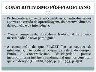 CONSTRUTIVISMO PÓS-PIAGETIANO
 Pertencente a corrente neocognitivista, introduz novos
aportes ao estudo da aprendizagem, do desenvolvimento,
da cognição e da inteligência;
 Com o rompimento do sistema tradicional de ensino,
necessidade de novo paradigma;
 A constatação de que PIAGET "só se ocupou da
inteligência, não pode se ocupar da esfera do desejo...
Então o Construtivismo Pós-Piagetiano precisa
incorporar essa instância fundamental que nos constitui,
que é o desejo" (GROSSI, 1990, p. 48; 1993, p. 158).
2
 