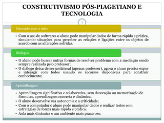 CONSTRUTIVISMO PÓS-PIAGETIANO E
TECNOLOGIA
• Com o uso de softwares o aluno pode manipular dados de forma rápida e prática,
simulando situações para perceber as relações e ligações entre os objetos de
acordo com as alterações sofridas.
Interação com o meio
• O aluno pode buscar outras formas de resolver problema com a mediação sendo
sempre realizada pelo professor;
• O diálogo deixa de ser unilateral (apenas professor), agora o aluno precisa expor
e interagir com todos usando os recursos disponíveis para construir
conhecimento;
Diálogos
• Aprendizagem significativa e colaborativa, sem decoração ou memorização de
fórmulas, aprendizagem concreta e dinâmica.
• O aluno desenvolve sua autonomia e a criticidade;
• Com o computador o aluno pode manipular dados e realizar testes com
estratégias de forma mais rápida e prática.
• Aula mais dinâmica e um ambiente mais prazeroso.
Aprendizagem
7
 