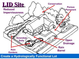 Conservation   Open Drainage Rain Gardens  Amended Soils Rain Barrel Reduced Imperviousness LID Site   Porous Pavement  Create a Hydrologically Functional Lot 