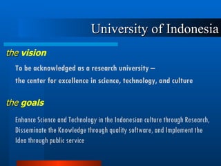 University of Indonesia To be acknowledged as a research university –  the center for excellence in science, technology, and culture the  vision the  goals Enhance Science and Technology in the Indonesian culture through Research, Disseminate the Knowledge through quality software, and Implement the Idea through public service 