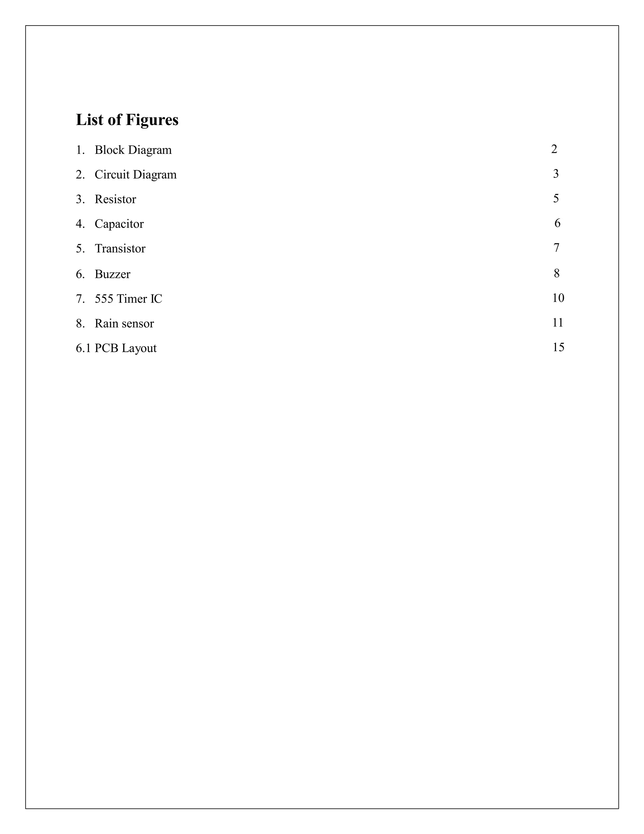 List of Figures
1. Block Diagram
2. Circuit Diagram
3. Resistor
4. Capacitor
5. Transistor
6. Buzzer
7. 555 Timer IC
8. Rain sensor
6.1 PCB Layout
2
3
5
6
7
8
10
11
15
 