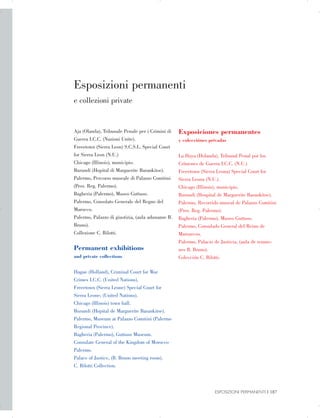 Esposizioni permanenti

e collezioni private

Aja (Olanda), Tribunale Penale per i Crimini di

Guerra I.C.C. (Nazioni Unite).

Freeetown (Sierra Leon) S.C.S.L. Special Court

for Sierra Leon (N.U.)

Chicago (Illinois), municipio.

Burundi (Hopital di Marguerite Barankitse).

Palermo, Percorso museale di Palazzo Comitini

(Prov. Reg. Palermo).

Bagheria (Palermo), Museo Guttuso.

Palermo, Consolato Generale del Regno del

Marocco.

Palermo, Palazzo di giustizia, (aula adunanze B.

Bruno).

Collezione C. Bilotti.

Permanent exhibitions
and private collections
Hague (Holland), Criminal Court for War

Crimes I.C.C. (United Nations). 

Freeetown (Sierra Leone) Special Court for

Sierra Leone; (United Nations). 

Chicago (Illinois) town hall. 

Burundi (Hopital de Marguerite Barankitse). 

Palermo, Museum at Palazzo Comitini (Palermo

co

Regional Province). 

Bagheria (Palermo), Guttuso Museum. 

Consulate General of the Kingdom of Moroc
Palermo.

Palace of Justice, (B. Bruno meeting room). 

C. Bilotti Collection.
Exposiciones permanentes
y colecciónes privadas
La Haya (Holanda), Tribunal Penal por los

Crímenes de Guerra I.C.C. (N.U.)

Freeetown (Sierra Leona) Special Court for

Sierra Leona (N.U.).

Chicago (Illinois), municipio.

Burundi (Hospital de Marguerite Barankitse).

Palermo, Recorrido museal de Palazzo Comitini

(Prov. Reg. Palermo).

Bagheria (Palermo), Museo Guttuso.

Palermo, Consulado General del Reino de

Marruecos.

Palermo, Palacio de Justicia, (aula de reunio­
nes B. Bruno).

Colección C. Bilotti.

ESPOSIZIONI PERMANENTI | 187

 