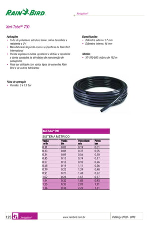 Xerigation®
www.rainbird.com..br Catálogo 2009 - 2010125 Xerigation®
SISTEMA MÉTRICO
Vazão Vazão Velocidade Perda
m33
/h l/m m/s bar
0,11 0,03 0,19 0,01
0,23 0,06 0,37 0,05
0,34 0,09 0,56 0,10
0,45 0,13 0,74 0,17
0,57 0,16 0,92 0,26
0,68 0,19 1,11 0,36
0,79 0,22 1,29 0,48
0,91 0,25 1,48 0,62
1,02 0,28 1,67 0,77
1,14 0,32 1,85 0,93
1,25 0,35 2,03 1,11
1,36 0,38 2,22 1,31
Xeri-TubeTTMM
700
XXeerrii--TTuubbeeTTMM
770000
Aplicações
• Tubo de polietileno estrutura linear, baixa densidade e
resistente a UV
• Manufaturado Segundo normas específicas da Rain Bird
International
• Parede espessura média, resistente a dobras e resistente
a danos causados de atividades de manutenção de
paisagismo
• Pode ser utilizado com vários tipos de conexões Rain
Bird e de outros fabricantes
Faixa dde ooperação
• Pressão: 0 a 3,5 bar
Especificações
• Diâmetro externo: 17 mm
• Diâmetro Interno: 15 mm
Modelo
• XT-700-500: bobina de 152 m
 