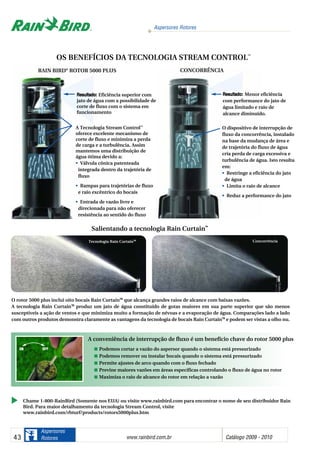 Aspersores Rotores
www.rainbird.com..br Catálogo 2009 - 201043
Aspersores
Rotores
OS BENEFÍCIOS DA TECNOLOGIA STREAM CONTROL™
Podemos cortar a vazão do aspersor quando o sistema está pressurizado
Podemos remover ou instalar bocais quando o sistema está pressurizado
Permite ajustes de arco quando com o fluxo fechado
Previne maiores vazões em áreas específicas controlando o fluxo de água no rotor
Maximiza o raio de alcance do rotor em relação a vazão
O dispositivo de interrupção de
fluxo da concorrência, instalado
na base da mudança de área e
de trajetória do fluxo de água
cria perda de carga excessiva e
turbulência de água. Isto resulta
em:
• Restringe a eficiência do jato
de água
• Limita o raio de alcance
• Reduz a performance do jato
RReessuullttaaddoo:: Menor eficiência
com performance do jato de
água limitado e raio de
alcance diminuído.
RAIN BIRD®
ROTOR 5000 PLUS CONCORRÊNCIA
ConcorrênciaTecnologia Rain CurtainTTMM
Chame 1-800-RainBird (Somente nos EUA) ou visite www.rainbird.com para encontrar o nome de seu distribuidor Rain
Bird. Para maior detalhamento da tecnologia Stream Control, visite
www.rainbird.com/rbturf/products/rotors5000plus.htm
Salientando a tecnologia Rain Curtain™
A conveniência de interrupção de fluxo é um benefício chave do rotor 5000 plus
RReessuullttaaddoo:: Eficiência superior com
jato de água com a possibilidade de
corte de fluxo com o sistema em
funcionamento
A Tecnologia Stream Control™
oferece excelente mecanismo de
corte de fluxo e minimiza a perda
de carga e a turbulência. Assim
mantemos uma distribuição de
água ótima devido a:
• Válvula cônica patenteada
integrada dentro da trajetória de
fluxo
• Rampas para trajetórias de fluxo
e raio excêntrico do bocais
• Entrada de vazão livre e
direcionada para não oferecer
resistência ao sentido do fluxo
O rotor 5000 plus inclui oito bocais Rain CurtainTTMM
que alcança grandes raios de alcance com baixas vazões.
A tecnologia Rain CurtainTTMM
produz um jato de água constituído de gotas maiores em sua parte superior que são menos
susceptíveis a ação de ventos e que minimiza muito a formação de névoas e a evaporação de água. Comparações lado a lado
com outros produtos demonstra claramente as vantagens da tecnologia de bocais Rain CurtainTTMM
e podem ser vistas a olho nu.
 