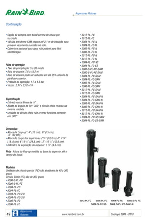 5012-PL-FC 5006-PL-FC 5004-PL-FC 5000-S-PL FC
5004-PL-FC-SS 5004 -S-PL -PC-SAM -N
Aspersores Rotores
www.rainbird.com..br Catálogo 2009 - 201049
Aspersores
Rotores
Continuação
• Opção de compra com bocal cortina de chuva pré-
instalado.
• Válvula anti dreno SAM segura até 2,1 m de elevação para
prevenir vazamento e erosão no solo.
• Cobertura opcional para água não potável para fácil
identificação
Faixa dde ooperação
• Taxa de precipitação: 5 a 26 mm/h
• Raio de alcance: 7,6 a 15,2 m
• Raio de alcance pode ser reduzido em até 25% através de
parafuso superior.
• Pressão de operação: 1,7 a 4,5 bar
• Vazão: .0,17 a 2,18 m3
/h
Especificação
• Entrada rosca fêmea de 3
/4”
• Ajuste de ângulo de 40°- 360° e círculo cheio reverso na
mesma unidade.
• Unidade de círculo cheio não reverso funciona somente
em 360°
Dimensões
• Altura de “pop-up”: 4” (10 cm); 6” (15 cm);
12” (30 cm);
• Altura do corpo dos aspersores 7 3
/4” (19,7cm) 4”: 7 3
/8”
(18, 5 cm); 6”: 9 5
/8” (24,5 cm); 12”: 16 7
/8” (42,9 cm)
• Diâmetro de exposição do aspersor: 1 3
/8” (4,5 cm)
NNoottaa:: Altura do Pop-up medida da base do aspersor até o
centro do bocal.
MMooddeellooss
Unidades de círculo parcial (PC) são ajustáveis de 40 a 360
graus.
Círculo Cheio (FC) são de 360 graus
• 5000-S-PL-PC
• 5000-S-PL-FC
• 5004-PL-PC
• 5004-PL-FC
• 5004-PL-PC-2.0
• 5004-PL-PC-3.0
• 5006-PL-PC
• 5006-PL-FC
• 5012-PL-PC
• 5012-PL-FC
• 5004-PL-PC-N
• 5004-PL-FC-N
• 5006-PL-PC-N
• 5006-PL-FC-N
• 5012-PL-PC-N
• 5012-PL-FC-N
• 5004-PL-PC-SS
• 5004-PL-FC-SS
• 5000-S-PL-PC-SAM
• 5000-S-PL-FC-SAM
• 5004-PL-PC-SAM
• 5004-PL-FC-SAM
• 5006-PL-PC-SAM
• 5006-PL-FC-SAM
• 5012-PL-PC-SAM
• 5012-PL-FC-SAM
• 5004-PL-PC-SAM-N
• 5004-PL-FC-SAM-N
• 5006-PL-PC-SAM-N
• 5006-PL-FC-SAM-N
• 5012-PL-PC-SAM-N
• 5012-PL-FC-SAM-N
• 5004-PL-PC-SS-SAM
• 5004-PL-FC-SS-SAM
 