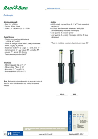 Aspersores Rotores
www.rainbird.com..br Catálogo 2009 - 201063
Aspersores
Rotores
Dados de performance obtidos de testes em conformidade com os padrões da ASAE;
ASAE S398.1. Veja página 6 para o Estatuto completo de Testes de Certificação da
ASAE
Limites dde OOperação
• Raio: 17,4 a 24,7 m
• Pressão: 3,5 a 6,9 bars
• Vazão: 2,54 a 8,24 m3
/h; 0,70 a 2,29 l
/s
Dados TTécnicos
• Entrada com rosca interna inferior de
1” (26/34) NPT ou BSP
• Válvula de retenção Seal-A-MaticTM
(SAM) mantém até 3
metros (10 pés) de pressão
• Bocais Rain CurtainTM
: 12 - bege; 14 - verde claro; 16 -
marrom escuro; 18 - azul escuro; 20 - vermelho; 22 -
amarelo; 24 - laranja; 26 - branco.
• Trajetória de saída do bocal é 25°
Dimensões
• Diâmetro exposto: 4,8 cm (1 7
/8”)
• Diâmetro total: 7,9 cm (3 1
/8”)
• Altura total: 25,7 cm (10 1
/8”)
• Altura ascendente: 12,7 cm (5”)
Nota: A altura ascendente é medida da tampa ao centro do
bocal. A altura total é medida com o tubo ascendente
retraído.
Modelos
• 8005: entrada roscada fêmea de 1” NPT (tubo ascendente
de plástico)
• 8005-SS: entrada roscada fêmea de 1” NPT (tubo
ascendente de aço inoxidável com tampa)
• Anel opcional de borracha (preto)
• Anel opcional de borracha (roxo) para sistemas de água
não potável
** Todos os modelos se encontram disponíveis com roscas BSP
8005-SS 8005
ComoEspecificar
8005- SS- NP- 26
8005 -
Modelo
8005
26 - Bocal
NP - Capa opcional
roxa para indicação de
água não potável
SS -
Característica
opcional de
camisa de aço
Continuação
 