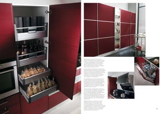 L’inserimento di pensili con ante laccate nere lucide
     rende particolarmente raffinata la composizione
     caratterizzata da basi con ante dogate in Rovere rosso
     e piano in vetro. L’armonia e l’eleganza dell’ambiente
     cucina derivano in questo caso dall’incontro di
     materiali diversi (legno, vetro, laccato) e dall’intreccio
     di modernità e tradizione. Lavello e piano cottura sono
     stati scelti in acciaio inox.

     The use of wall units with black glossy lacquered doors
     gives particular sophistication to this composition
     featuring base units with slat doors in red Oak and
     glass worktop. In this case, the kitchen derives its
     harmony and elegance from the combination of
     different materials (wood, glass and lacquered finish)
     and the interweaving of modernity and tradition.
     The sink and hob have been chosen in stainless steel.

     L’insertion de hauts habillés de portes laquées
     noires brillantes donne une touche raffinée à cette
     composition caractérisée par des bas habillés de
     portes à listels en Chêne rouge et par un plan vitré.
     L’harmonie et l’élégance de la cuisine naissent de la
     rencontre de matériaux différents (bois, verre, laqué)
     et du mélange de modernité et de tradition.
     Evier et plan de cuisson sont en acier inox.

     Die in glänzendem Schwarz lackierten Fronten
     der Oberschränke verleihen dieser Kombination
     mit Glasplatte und Unterschrankfronten mit
     Rillenverarbeitung in Eiche Rot eine ganz besonderse
     Note. Die Harmonie und die Eleganz dieser Küche
     beruhen auch auf dem ungewöhnlichen Materialmix
     (Holz, Glas, lackiert) und dem Aufeinandertreffen von
     Moderne und Tradition. Die Spüle und das Kochfeld
     sind hier aus Edelstahl.

     El uso de muebles de pared con puertas de lacado
     negro brillante da un toque sumamente refinado a
     esta composición caracterizada por bases con puertas
     con duelas de Roble rojizo y encimera de cristal.
     En este caso, la armonía y elegancia del ambiente
     de cocina se deben a la combinación de materiales
     diferentes (madera, cristal, lacado) y al encuentro
     entre la modernidad y la tradición. El fregadero
     y el plano de cocción son de acero inoxidable.




                                                                
 