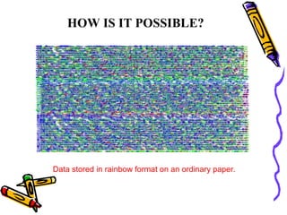 HOW IS IT POSSIBLE?




Data stored in rainbow format on an ordinary paper.
 