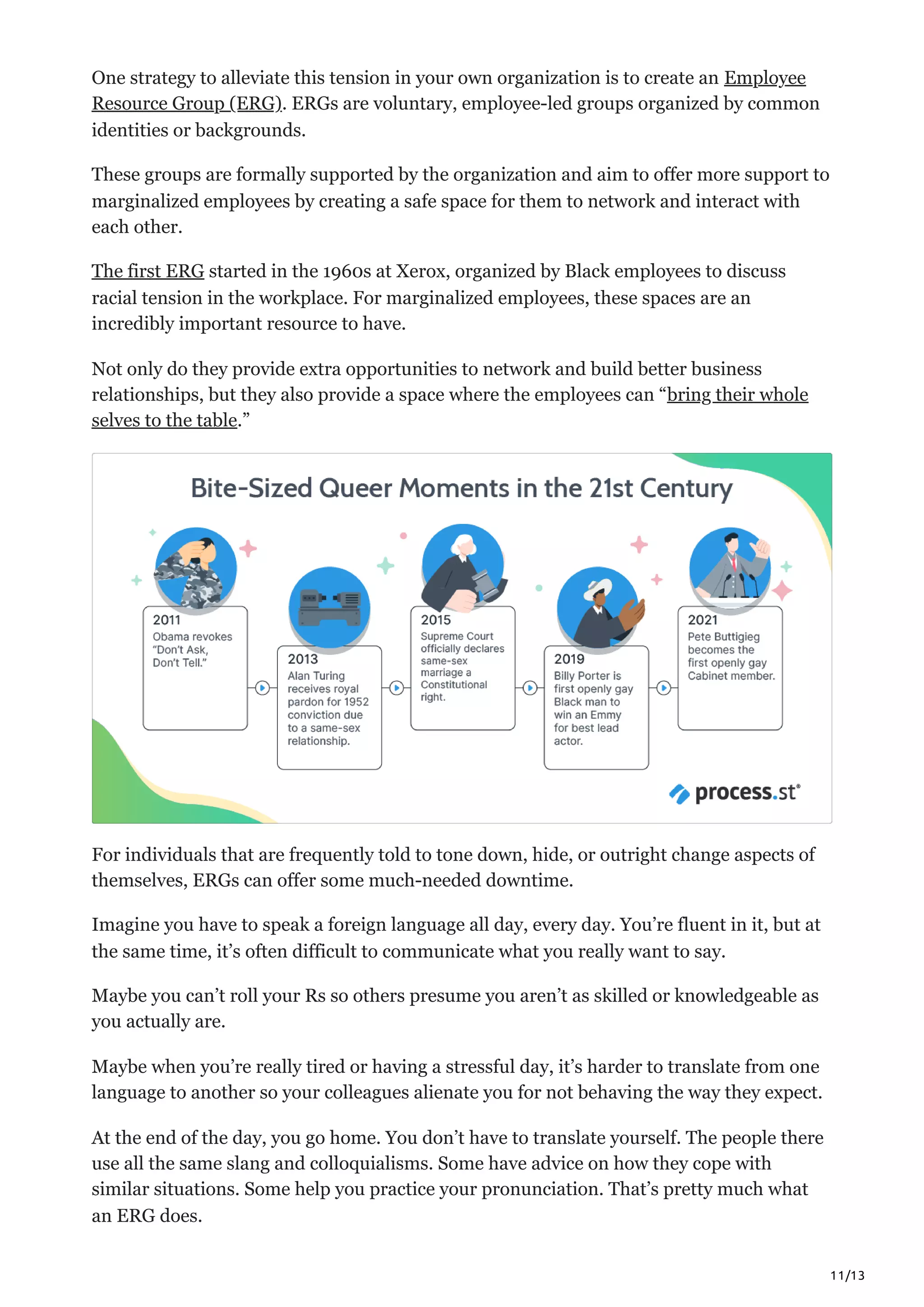11/13
One strategy to alleviate this tension in your own organization is to create an Employee
Resource Group (ERG). ERGs are voluntary, employee-led groups organized by common
identities or backgrounds.
These groups are formally supported by the organization and aim to offer more support to
marginalized employees by creating a safe space for them to network and interact with
each other. 
The first ERG started in the 1960s at Xerox, organized by Black employees to discuss
racial tension in the workplace. For marginalized employees, these spaces are an
incredibly important resource to have.
Not only do they provide extra opportunities to network and build better business
relationships, but they also provide a space where the employees can “bring their whole
selves to the table.” 
For individuals that are frequently told to tone down, hide, or outright change aspects of
themselves, ERGs can offer some much-needed downtime. 
Imagine you have to speak a foreign language all day, every day. You’re fluent in it, but at
the same time, it’s often difficult to communicate what you really want to say. 
Maybe you can’t roll your Rs so others presume you aren’t as skilled or knowledgeable as
you actually are.
Maybe when you’re really tired or having a stressful day, it’s harder to translate from one
language to another so your colleagues alienate you for not behaving the way they expect.
At the end of the day, you go home. You don’t have to translate yourself. The people there
use all the same slang and colloquialisms. Some have advice on how they cope with
similar situations. Some help you practice your pronunciation. That’s pretty much what
an ERG does.
 