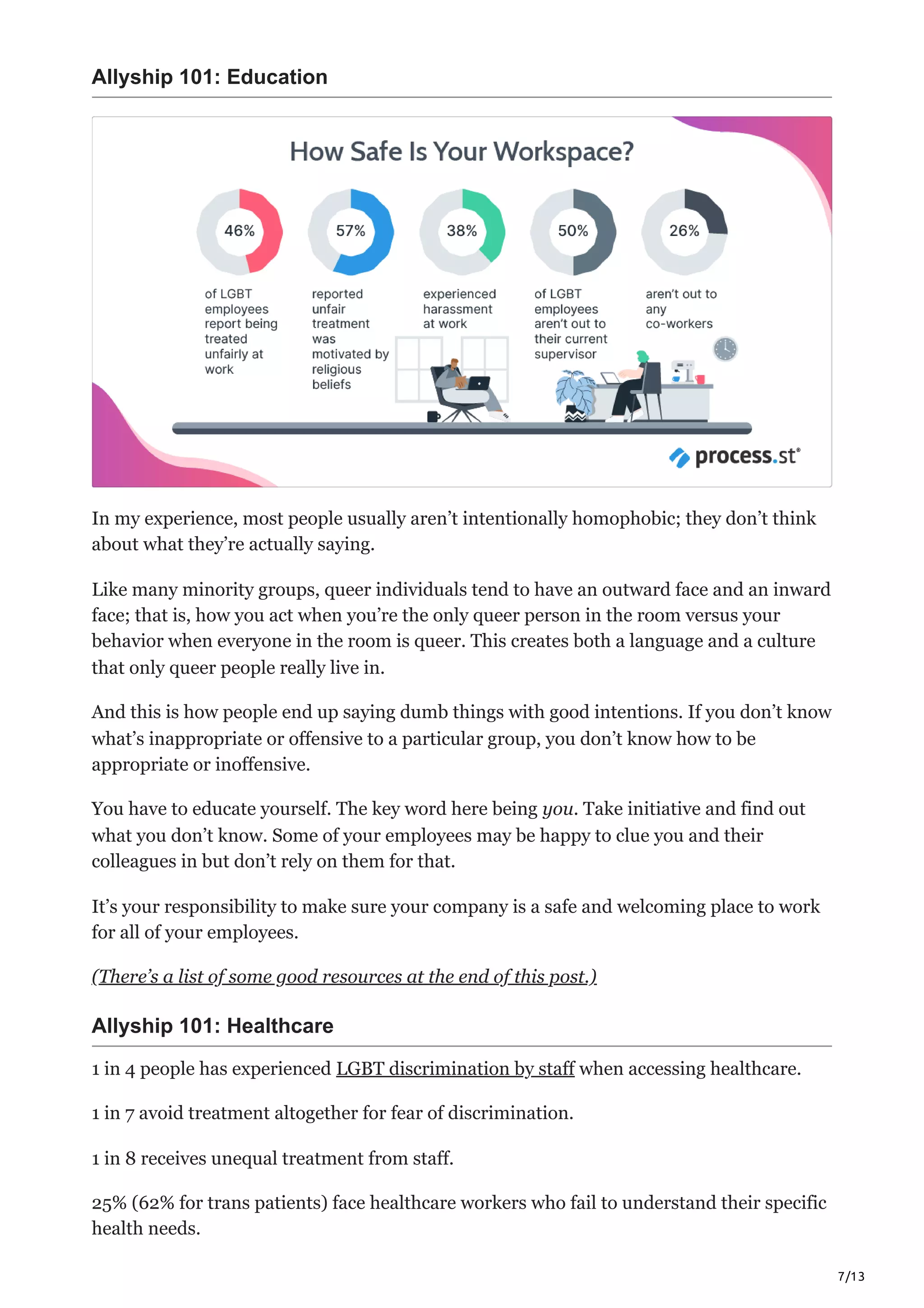 7/13
Allyship 101: Education
In my experience, most people usually aren’t intentionally homophobic; they don’t think
about what they’re actually saying.
Like many minority groups, queer individuals tend to have an outward face and an inward
face; that is, how you act when you’re the only queer person in the room versus your
behavior when everyone in the room is queer. This creates both a language and a culture
that only queer people really live in. 
And this is how people end up saying dumb things with good intentions. If you don’t know
what’s inappropriate or offensive to a particular group, you don’t know how to be
appropriate or inoffensive. 
You have to educate yourself. The key word here being you. Take initiative and find out
what you don’t know. Some of your employees may be happy to clue you and their
colleagues in but don’t rely on them for that. 
It’s your responsibility to make sure your company is a safe and welcoming place to work
for all of your employees. 
(There’s a list of some good resources at the end of this post.)
Allyship 101: Healthcare
1 in 4 people has experienced LGBT discrimination by staff when accessing healthcare. 
1 in 7 avoid treatment altogether for fear of discrimination. 
1 in 8 receives unequal treatment from staff. 
25% (62% for trans patients) face healthcare workers who fail to understand their specific
health needs. 
 