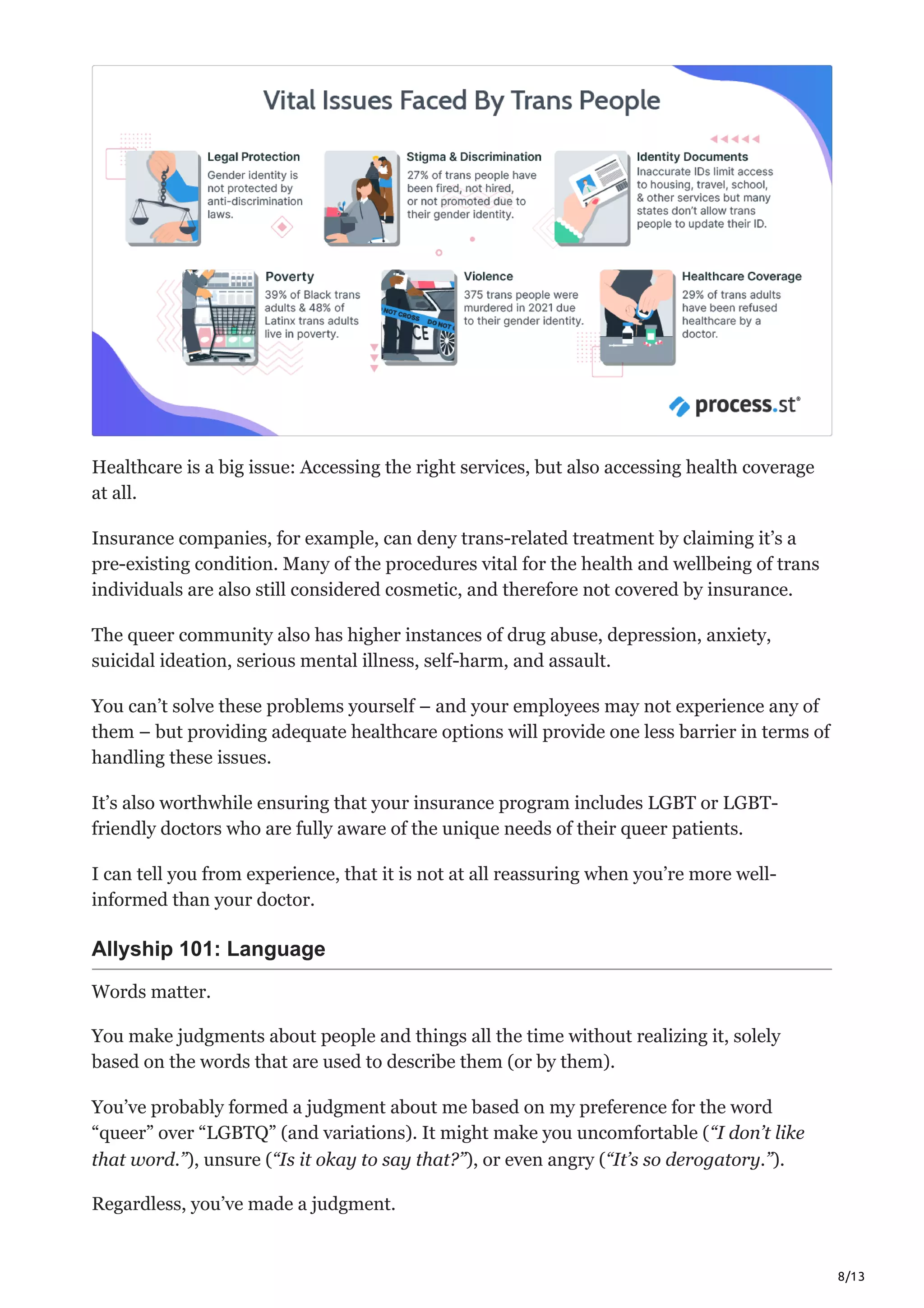 8/13
Healthcare is a big issue: Accessing the right services, but also accessing health coverage
at all. 
Insurance companies, for example, can deny trans-related treatment by claiming it’s a
pre-existing condition. Many of the procedures vital for the health and wellbeing of trans
individuals are also still considered cosmetic, and therefore not covered by insurance. 
The queer community also has higher instances of drug abuse, depression, anxiety,
suicidal ideation, serious mental illness, self-harm, and assault. 
You can’t solve these problems yourself – and your employees may not experience any of
them – but providing adequate healthcare options will provide one less barrier in terms of
handling these issues. 
It’s also worthwhile ensuring that your insurance program includes LGBT or LGBT-
friendly doctors who are fully aware of the unique needs of their queer patients.
I can tell you from experience, that it is not at all reassuring when you’re more well-
informed than your doctor.
Allyship 101: Language
Words matter. 
You make judgments about people and things all the time without realizing it, solely
based on the words that are used to describe them (or by them). 
You’ve probably formed a judgment about me based on my preference for the word
“queer” over “LGBTQ” (and variations). It might make you uncomfortable (“I don’t like
that word.”), unsure (“Is it okay to say that?”), or even angry (“It’s so derogatory.”).
Regardless, you’ve made a judgment. 
 