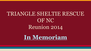 TRIANGLE SHELTIE RESCUE
OF NC
Reunion 2014
In Memoriam
 