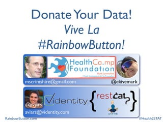 Donate Your Data!
                  Vive La
              #RainbowButton!

          mscrimshire@gmail.com       @ekivemark



          @aviars
          aviars@videntity.com
                                  {          }
RainbowButton.com                                  #Health2STAT
 