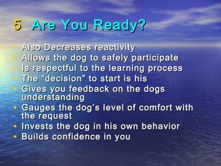 5 Are You Ready?
•   Also Decreases reactivity
•   Allows the dog to safely participate
•   Is respectful to the learning process
•   The “decision” to start is his
•   Gives you feedback on the dogs
    understanding
•   Gauges the dog’s level of comfort with
    the request
•   Invests the dog in his own behavior
•   Builds confidence in you
 