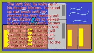 The next day, he woke up in
his flooded kitchen. He stood
up and swam until he
reached the door leading out
of the kitchen. As he walked
to buy pizza sandwich he saw
RiskerDude. He went to talk
to him thinking that he will
give him a pizza sandwich.
Then, RiskerDude told him
about the things he did to the
gigantic environment.
--
--
--
--
--
--
--
--
--
--
--
--
--
--
--
--
--
--
--
--
--
--
-
 