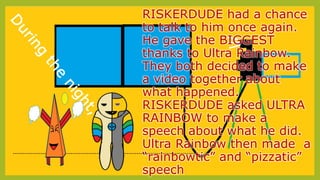 RISKERDUDE had a chance
to talk to him once again.
He gave the BIGGEST
thanks to Ultra Rainbow.
They both decided to make
a video together about
what happened.
RISKERDUDE asked ULTRA
RAINBOW to make a
speech about what he did.
Ultra Rainbow then made a
“rainbowtic” and “pizzatic”
speech
--------------------------------------------------------------------------------------------
 